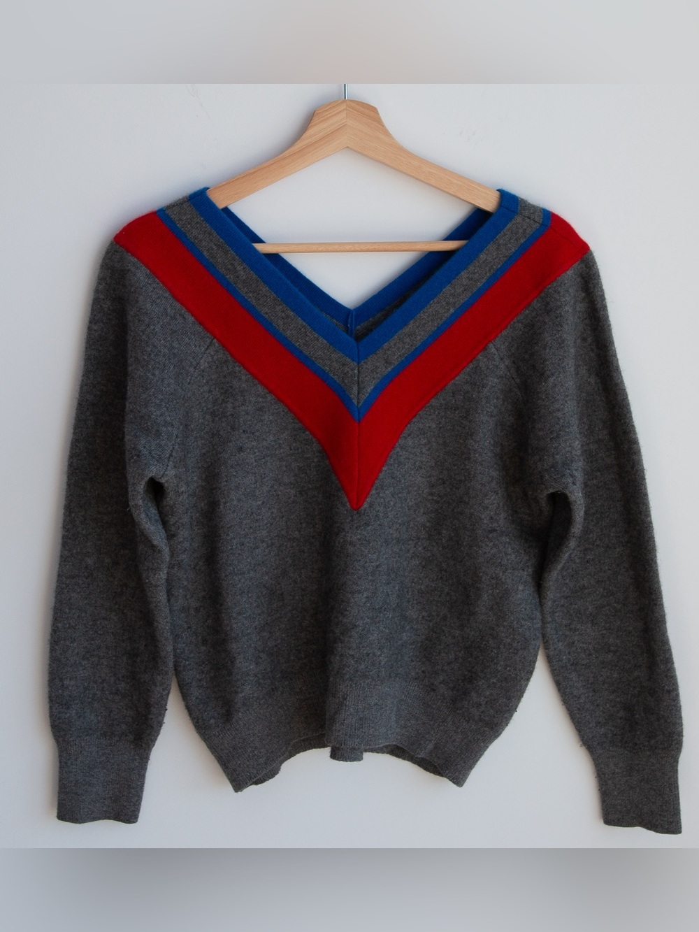 Sandro Paris Stripey Varsity V-Neck Sweater M Grey Red Blue Wool Cashmere
